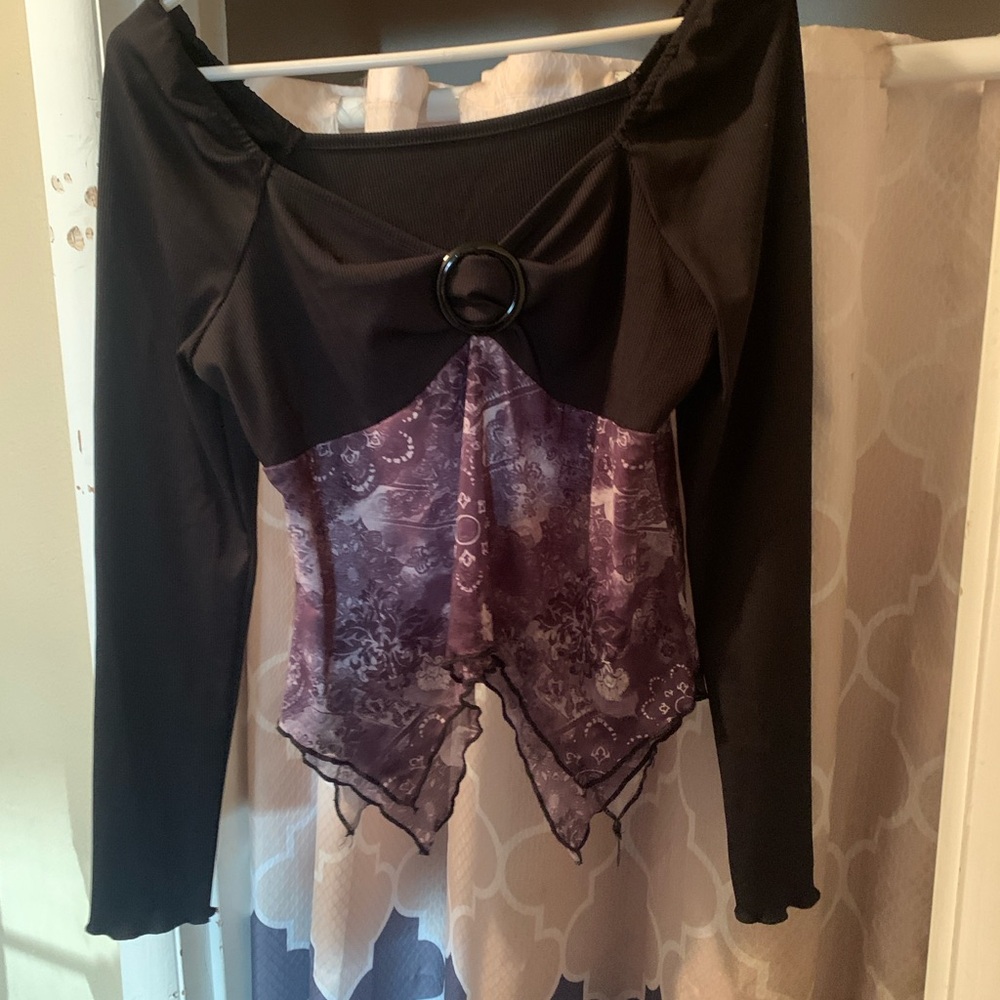 ROMWE Black and Purple Blouse with Ring Detail